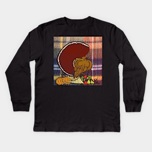 Vintage Thanksgiving Turkey on Flannel Look Background Graphic Design, available on many products Kids Long Sleeve T-Shirt